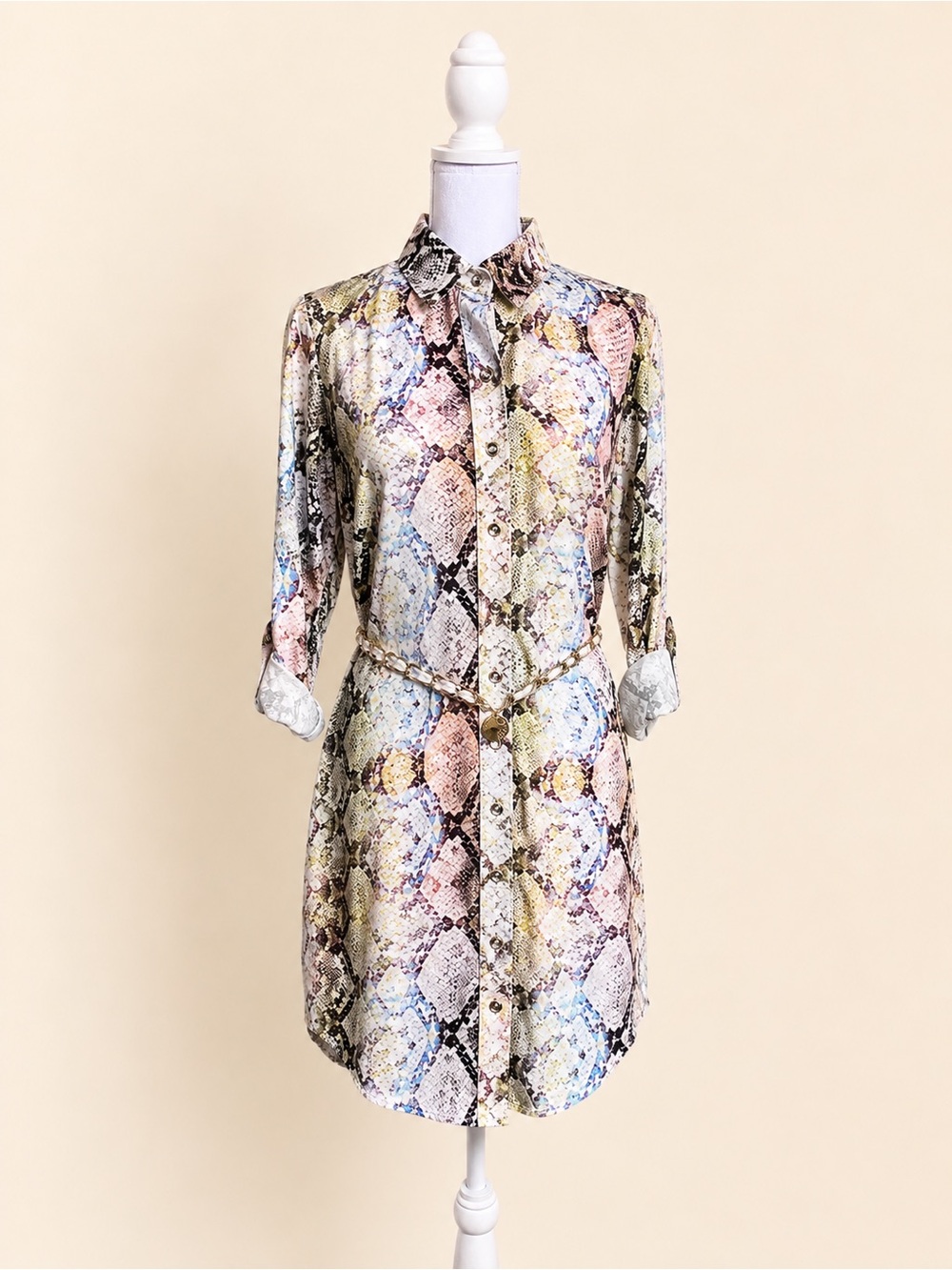 Guess Snake Print Shirt Dress Gold Chain Belt XS